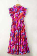 Orange Abstract Printed High Waist Ruffle Tiered Long Dress