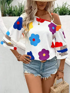White Color Flower Asymmetrical Neck Blouse | Femstylo - SJB-DIAMOND ELITES