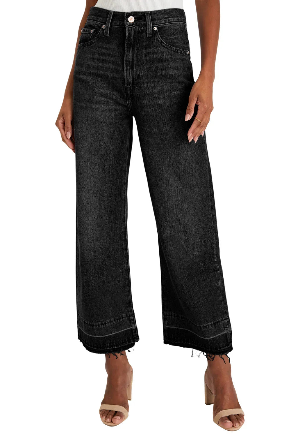 Black Raw Hem Straight Leg Loose High Waist Jeans