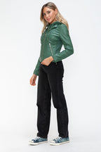 Women Classic Snobbish Faux Leather Zip-Up Drawstring Hooded Jacket Edgy & Casual PU Leather Jacket For Streetwear