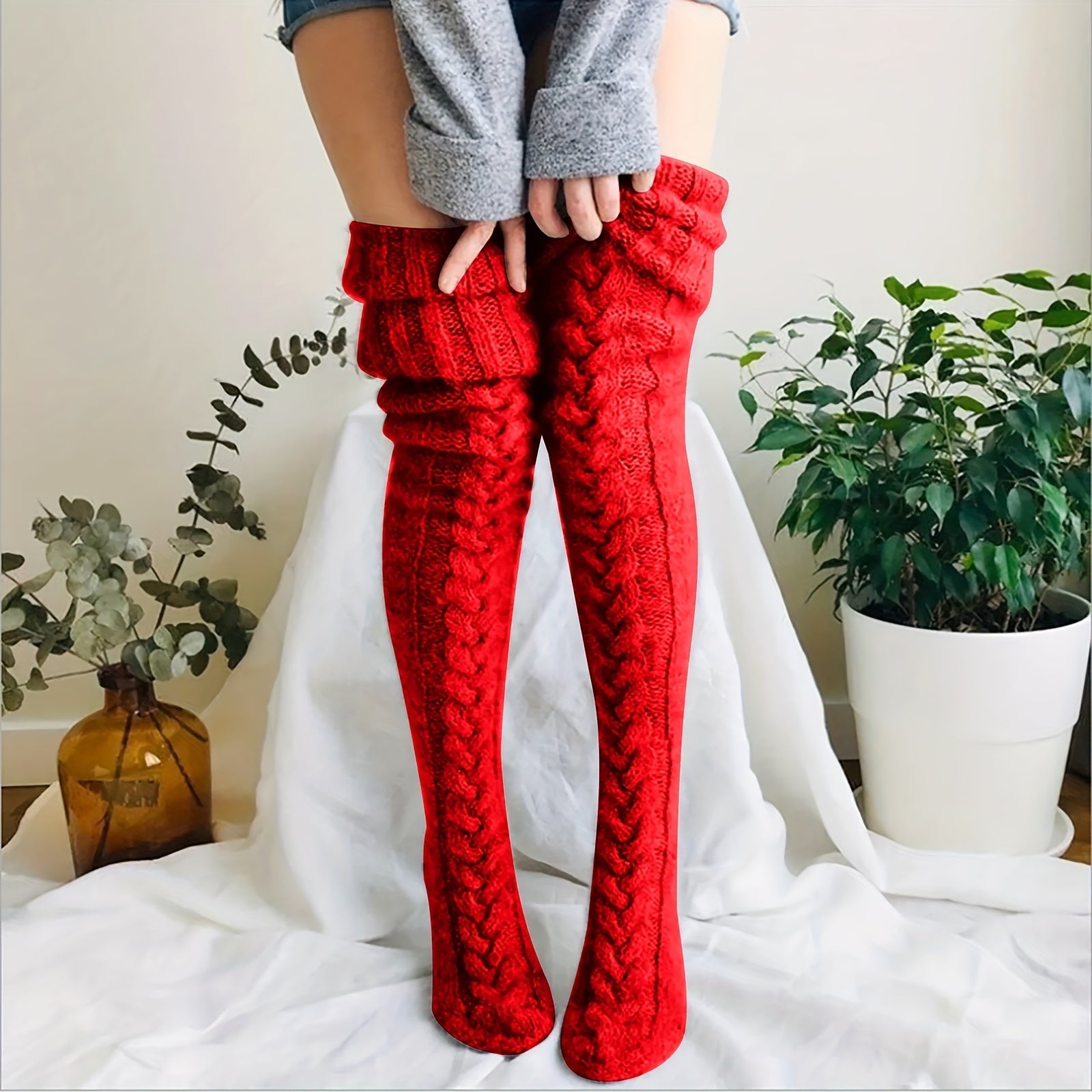 Cozy Knitted Thigh High Socks, Warm & Simple Over The Knee Socks, Women's Stockings & Hosiery Lootquake LLC