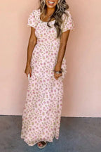 White Frill Neckline Shirred Bodice Floral Maxi Dress