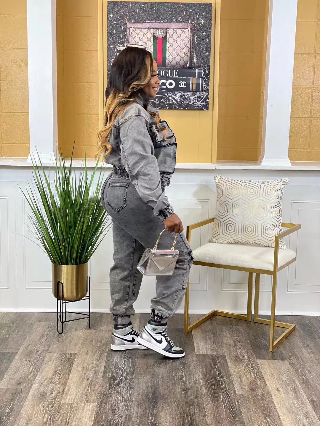 Pant Sets Long Sleeve Women Tracksuit Zipper Denim Coat Cargo Ankle Length Pants Pockets High Street Spliced Slim 2024 Purplish Diva