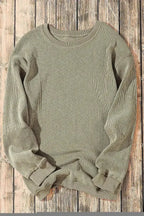 Green Ribbed Knit Sweatshirt - Round Neck Pullover | Femstylo