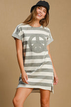 Peace Applique Striped Short Sleeve Mini Dress – Fun Peace Sign Applique, Chic Stripes, and High-Low Hem for Stylish Comfort Stevvex