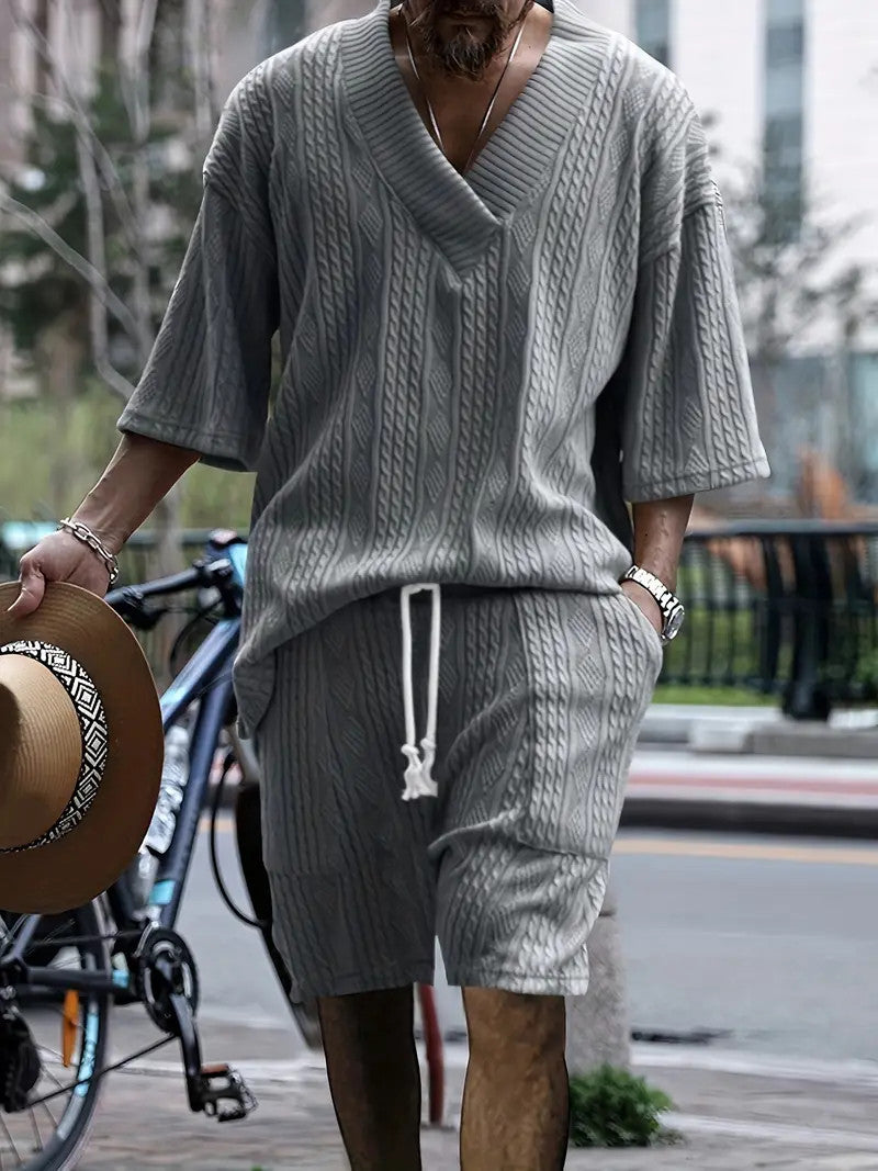 2pcs Men's Jacquard Solid Short Sleeve V Neck Shirt & Matching Drawstring Shorts Set, Summer Leisure Clothing Lootquake LLC