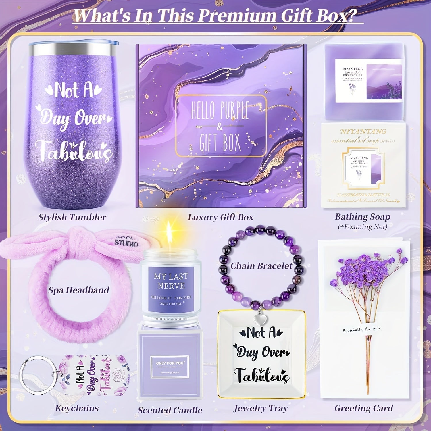 1set Purple Spa & Self-Care Gift Set for Women - Tumbler, Scented Candle, Bath Soap, Beaded Bracelet, Keychain, Jewelry Tray & Greeting Card - Ideal for Birthday, Anniversary, Retirement, Christmas, Get Well - No Electricity