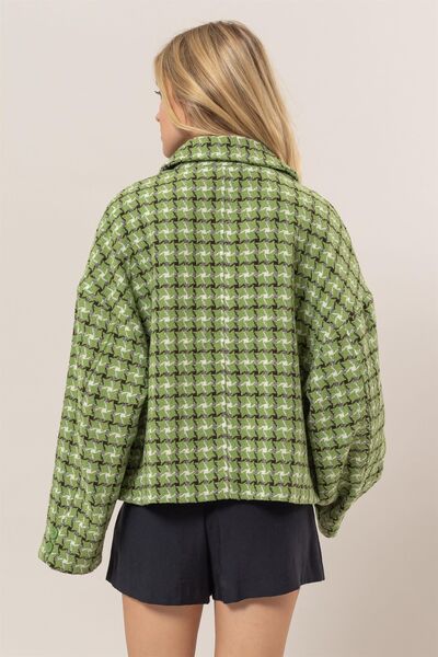 Cute Green Tweed Plaid Button Up Collared Neck Jacket Classic & Elegant Layering Piece Everyday Jacket Stevvex