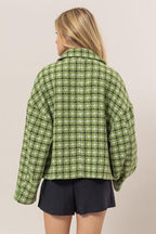 Cute Green Tweed Plaid Button Up Collared Neck Jacket Classic & Elegant Layering Piece Everyday Jacket Stevvex