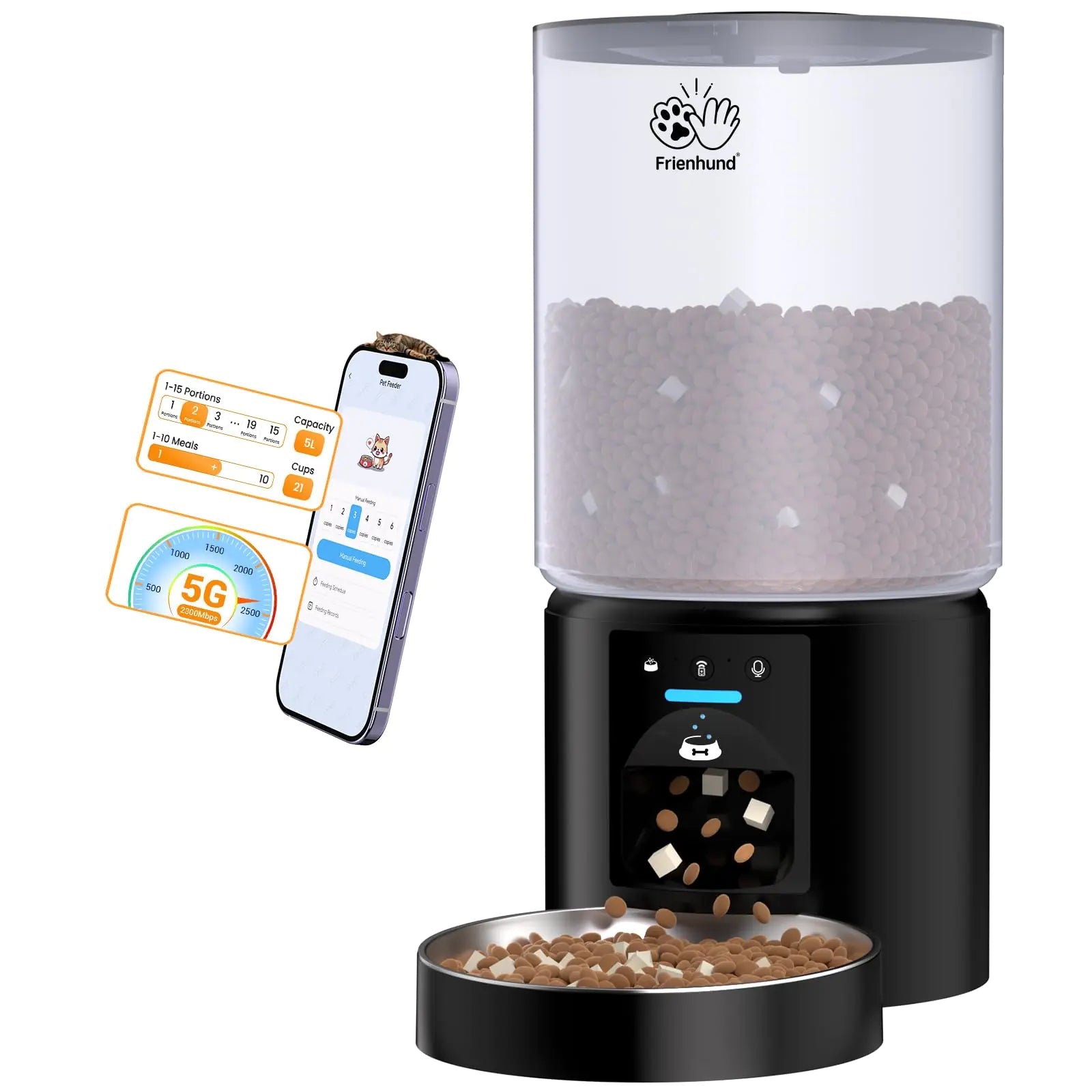 Frienhund Automatic Cat Feeder with Sealed Outlet: 5G WiFi Automatic Dog Feeder with 5L Large Cat Food Storage Container Timed Cat Food Dispenser for Multiple Pets Detachable for Easy Clean - 21 Cup Lootquake LLC