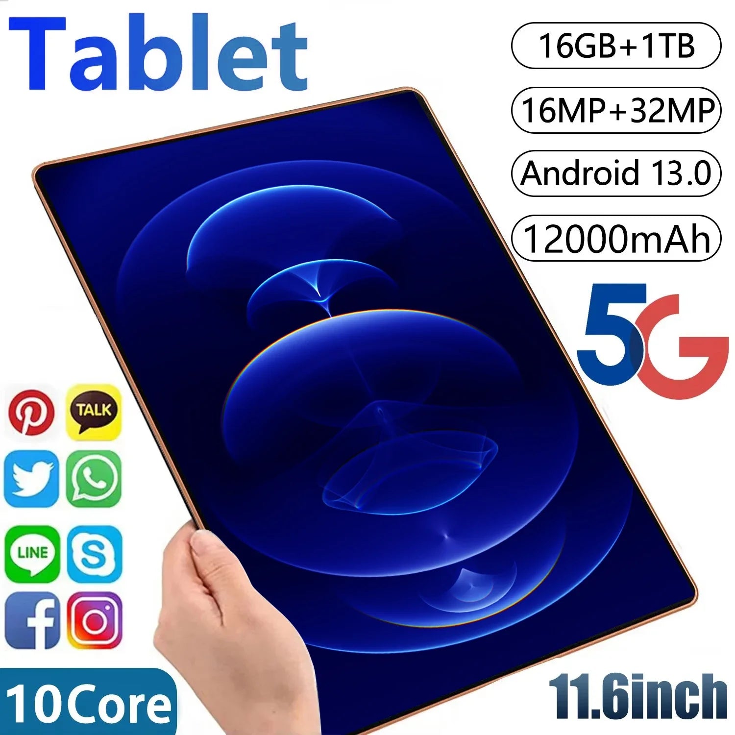 2024 Tablet Android 12000 mAh Global Version 16GB Ram 1TB Rom New Network 11.6 inch 10 Core Android 13.0 Wifi Tablet Lootquake LLC