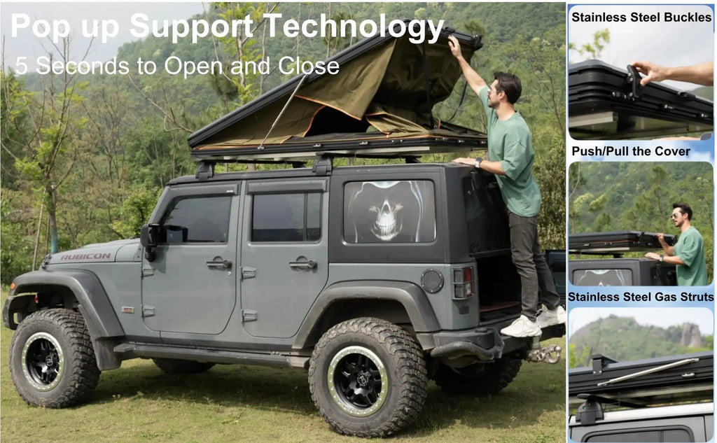 Adventurer Plus Rooftop Tent Hardshell with Side Awning, Air Conditioner Outlet with Bracket, Replaceable Rain Flies