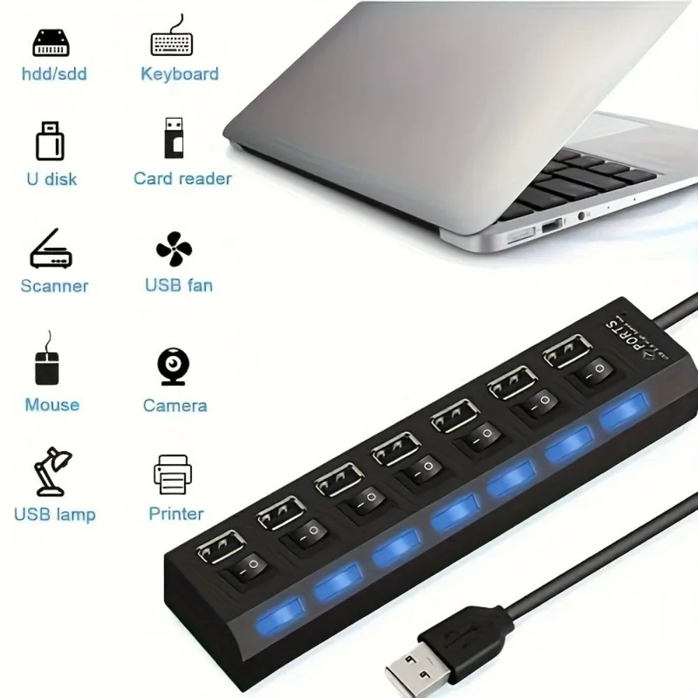 USB 2.0 Hub 5Gbps High Speed Multi USB Ports Power Adapter Expander LED USB 4/7 Ports Splitter With Switch For Laptop Computer