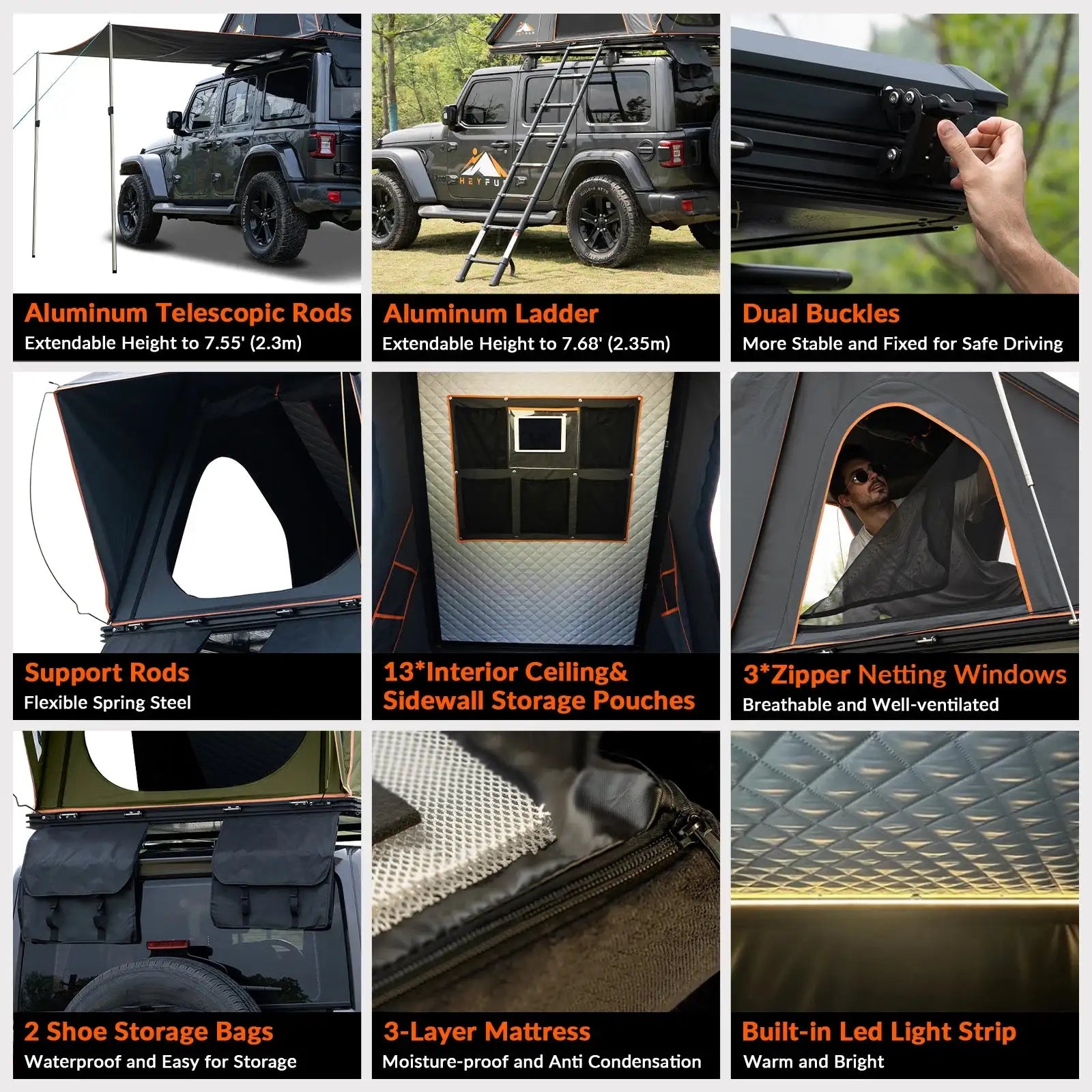 Adventurer Plus Rooftop Tent Hardshell with Side Awning, Air Conditioner Outlet with Bracket, Replaceable Rain Flies