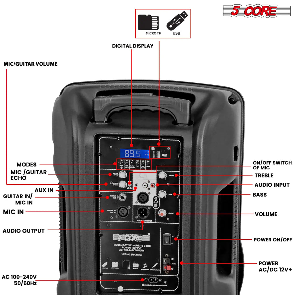 5Core15 inch PA Portable Bluetooth Party Speaker Karaoke Boombox + 2 Wireless Mics Pi-Mart