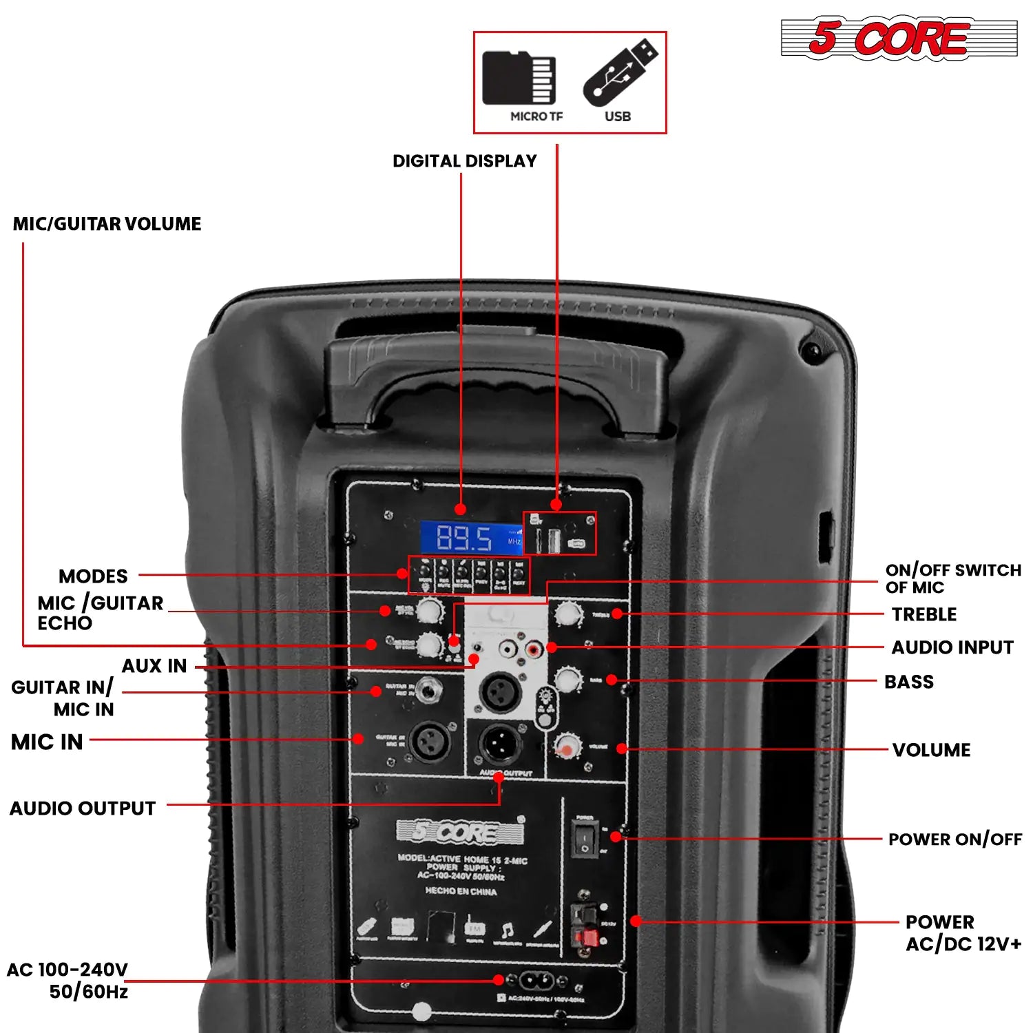 5Core15 inch PA Portable Bluetooth Party Speaker Karaoke Boombox + 2 Wireless Mics Pi-Mart