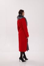 Genuine Silver Fox Virgin Wool Wrap Coat in Red - SJB-DIAMOND ELITES