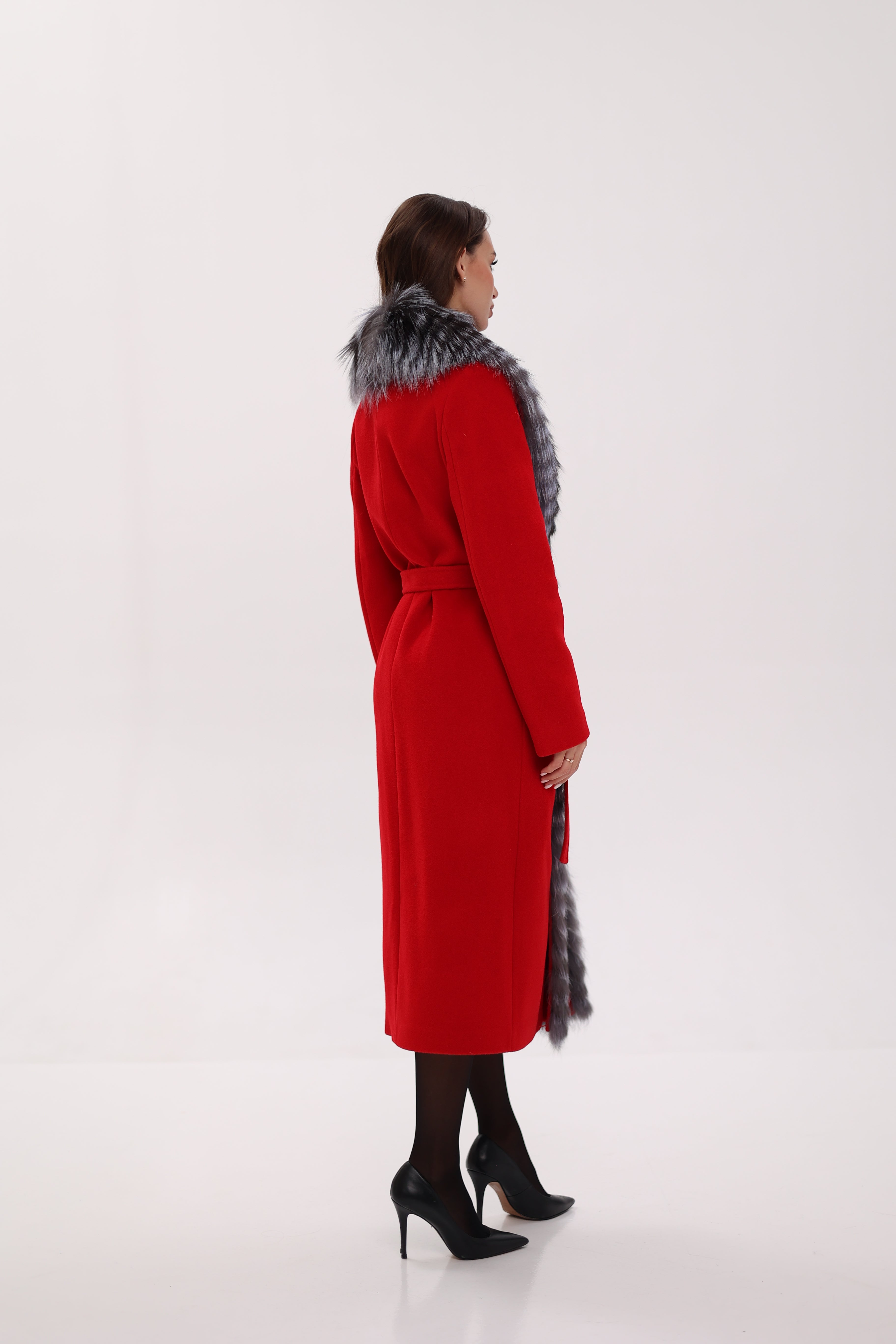 Genuine Silver Fox Virgin Wool Wrap Coat in Red - SJB-DIAMOND ELITES