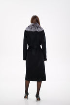 Genuine Silver Fox Virgin Wool Wrap Coat in Black - SJB-DIAMOND ELITES
