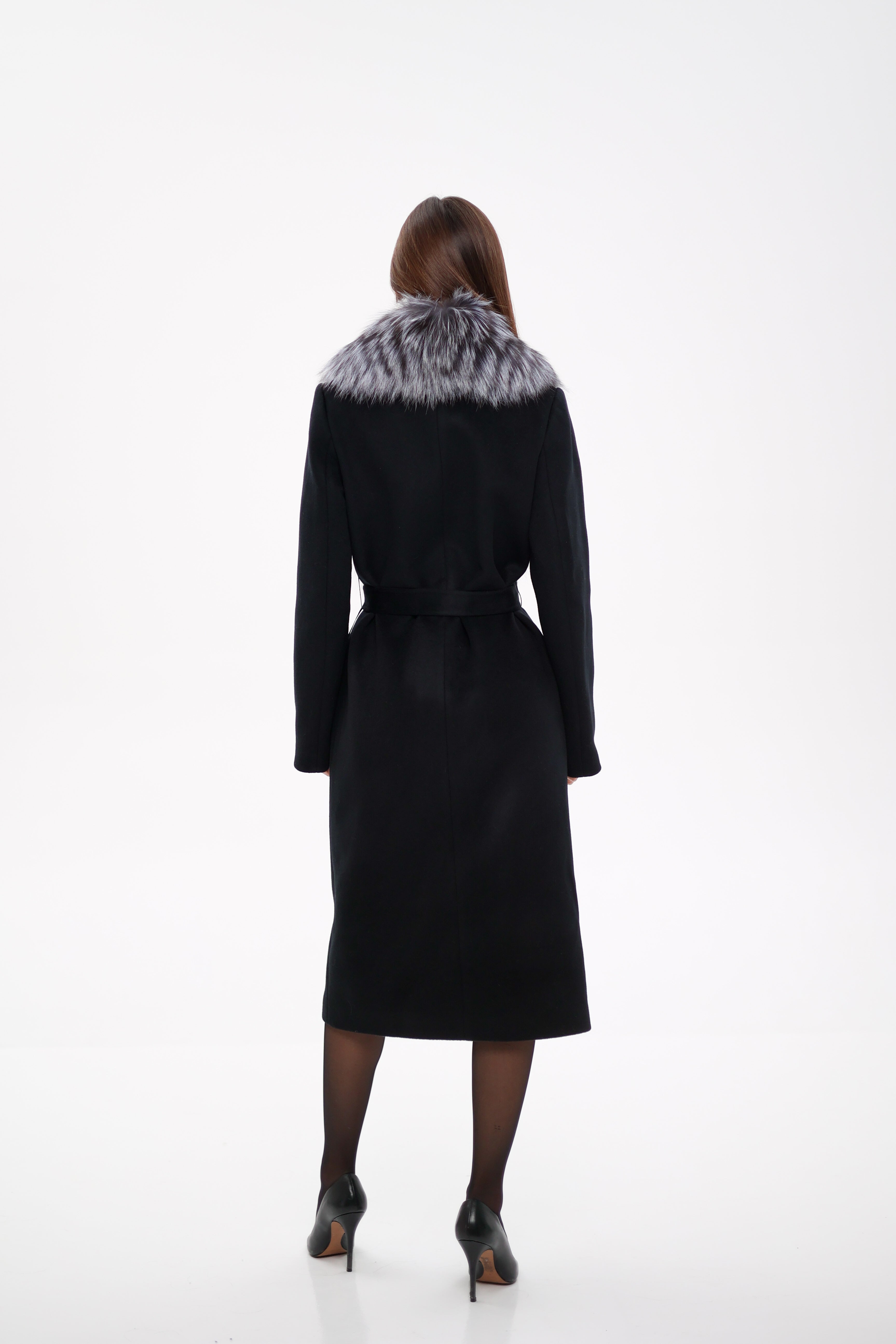 Genuine Silver Fox Virgin Wool Wrap Coat in Black - SJB-DIAMOND ELITES