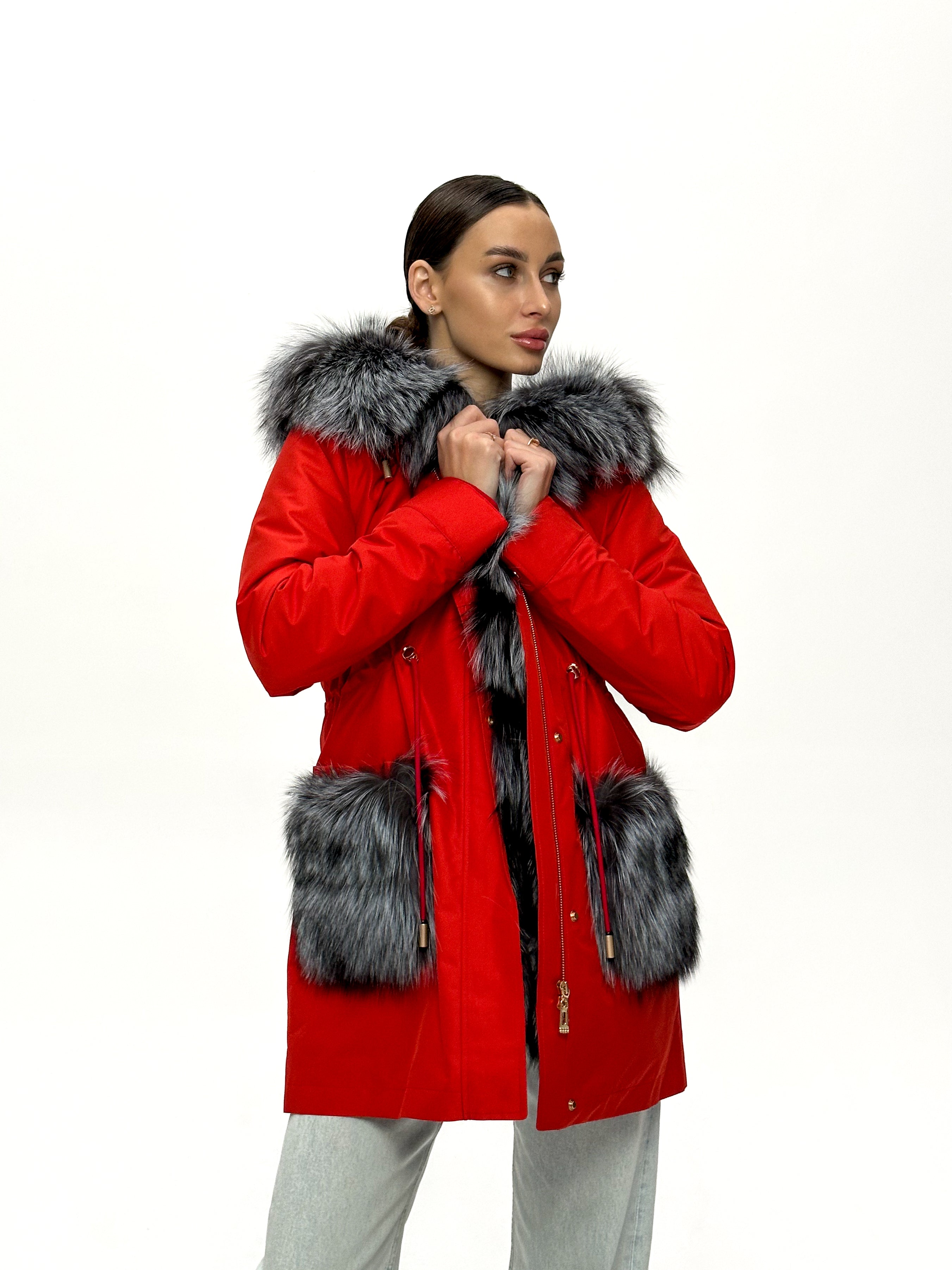 Roma Genuine Silver Fox Fur Rabbit Fur Insulated Parka in Red Alaska® Outerwear Company