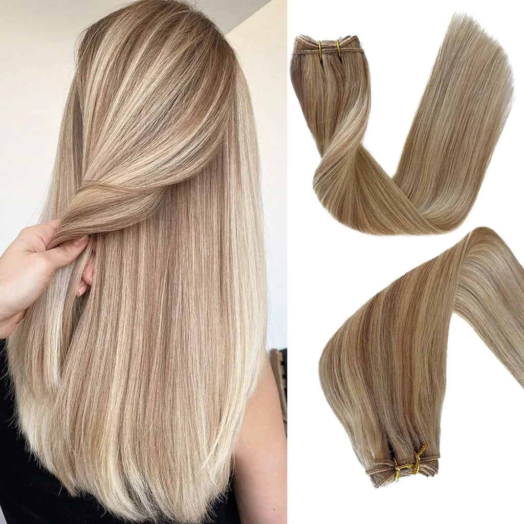 Sew in Hair Extensions Real Human Hair 18 inch 100g Hand Tied Weft Hair Extensions Human Hair Brown Mix Golden Blonde Highlights Remy Hair Extensions Pi-Mart
