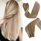 Sew in Hair Extensions Real Human Hair 18 inch 100g Hand Tied Weft Hair Extensions Human Hair Brown Mix Golden Blonde Highlights Remy Hair Extensions Pi-Mart