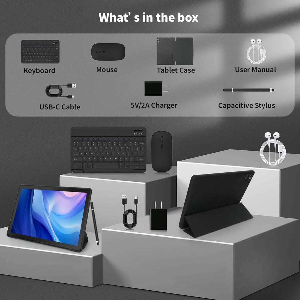 A10L 10 Inch Android Tablet 12GB RAM 64GB ROM IPS HD Touch Screen with Keyboard Case Mouse Stylus 8 in 1 Tablet Kit Lootquake LLC