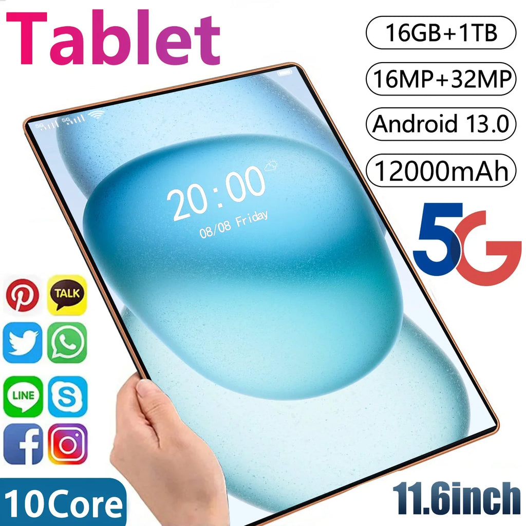 2024 New 5G Tablet 11.6 inch Android 13.0 Phablet MTK6797 16GB RAM 1TB ROM Tablet PC Dual Cameras Dual sim card Wifi Type-c Lootquake LLC