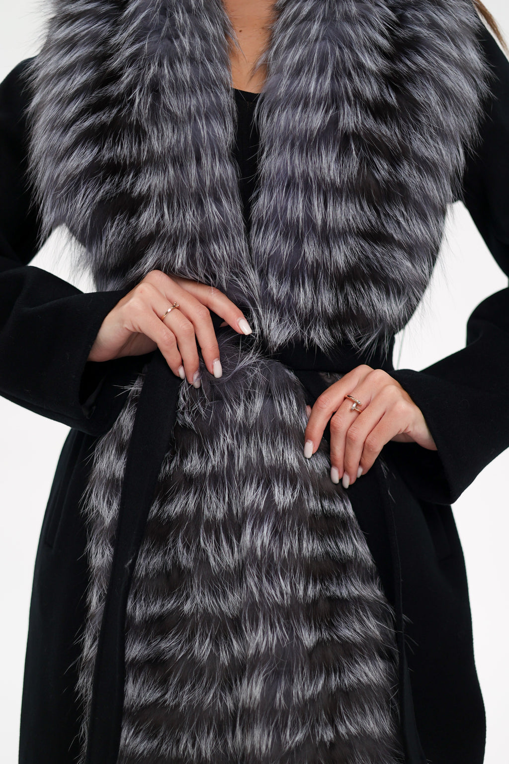 Genuine Silver Fox Virgin Wool Wrap Coat in Black - SJB-DIAMOND ELITES