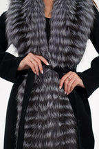 Genuine Silver Fox Virgin Wool Wrap Coat in Black - SJB-DIAMOND ELITES