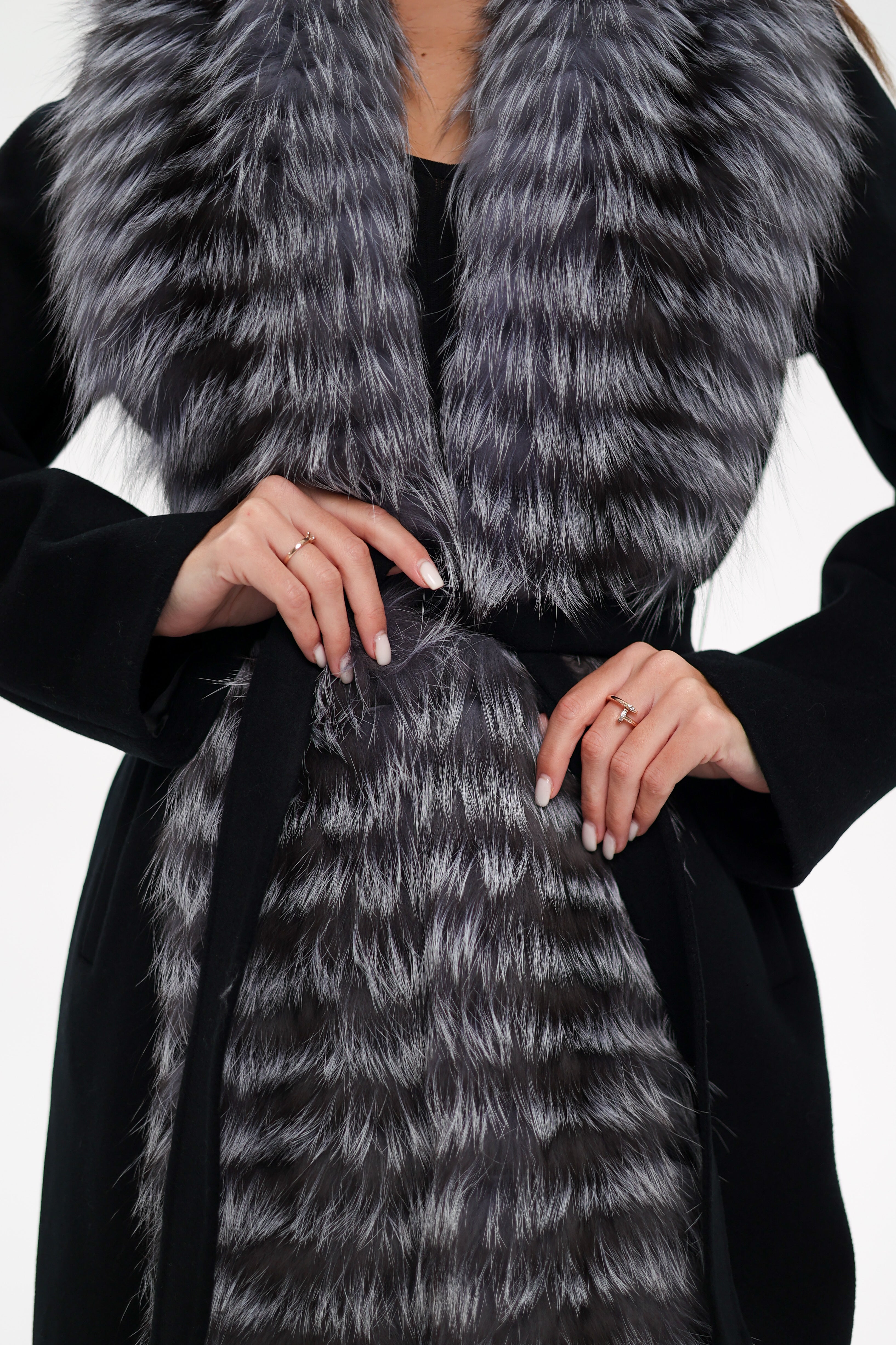 Genuine Silver Fox Virgin Wool Wrap Coat in Black - SJB-DIAMOND ELITES