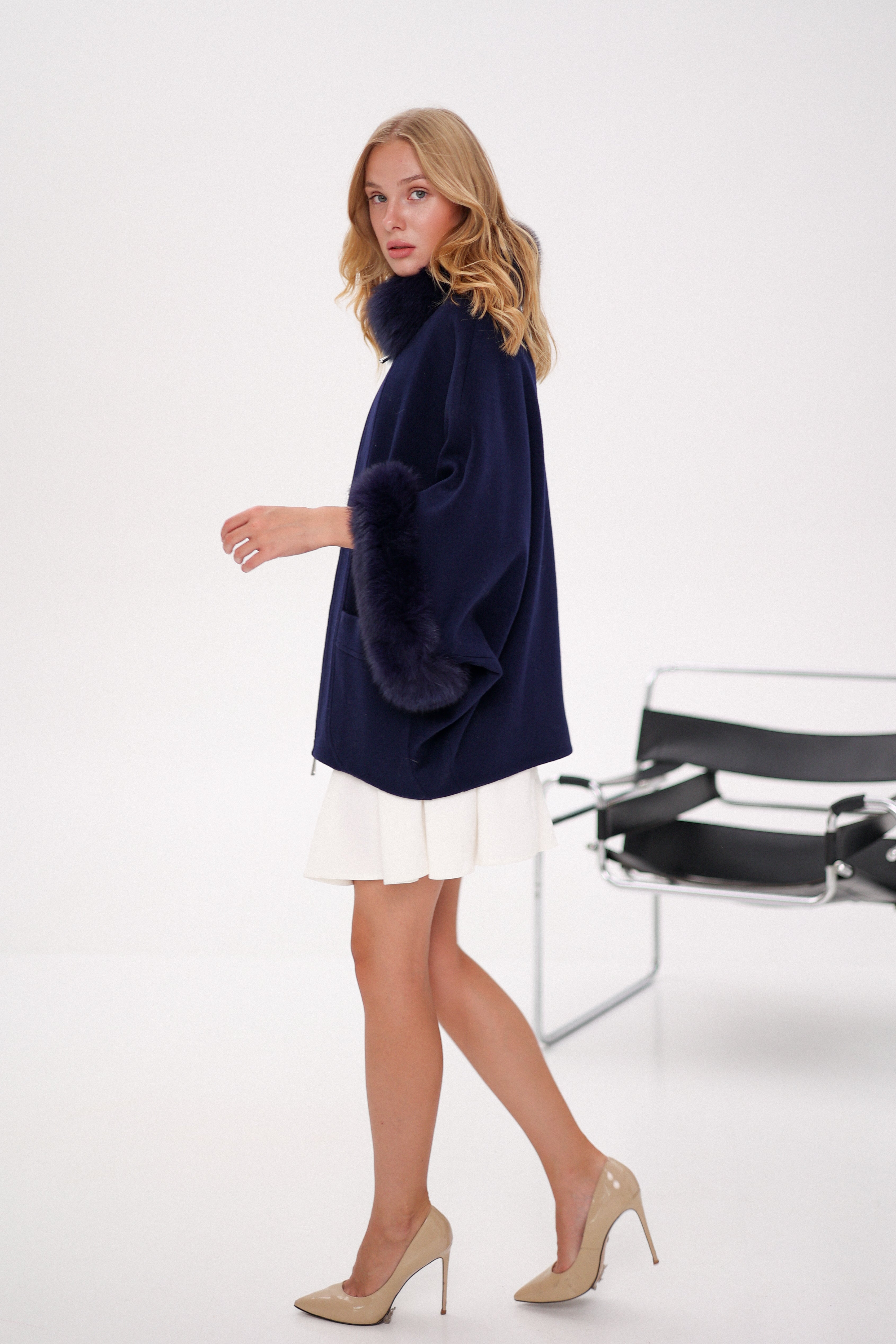 Genuine Polar Fox Fur Cashmere Blend Poncho in True Navy - SJB-DIAMOND ELITES