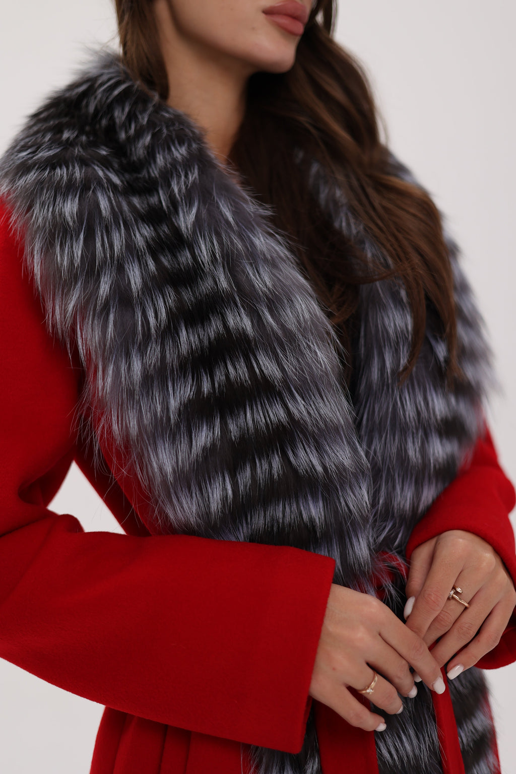 Genuine Silver Fox Virgin Wool Wrap Coat in Red - SJB-DIAMOND ELITES