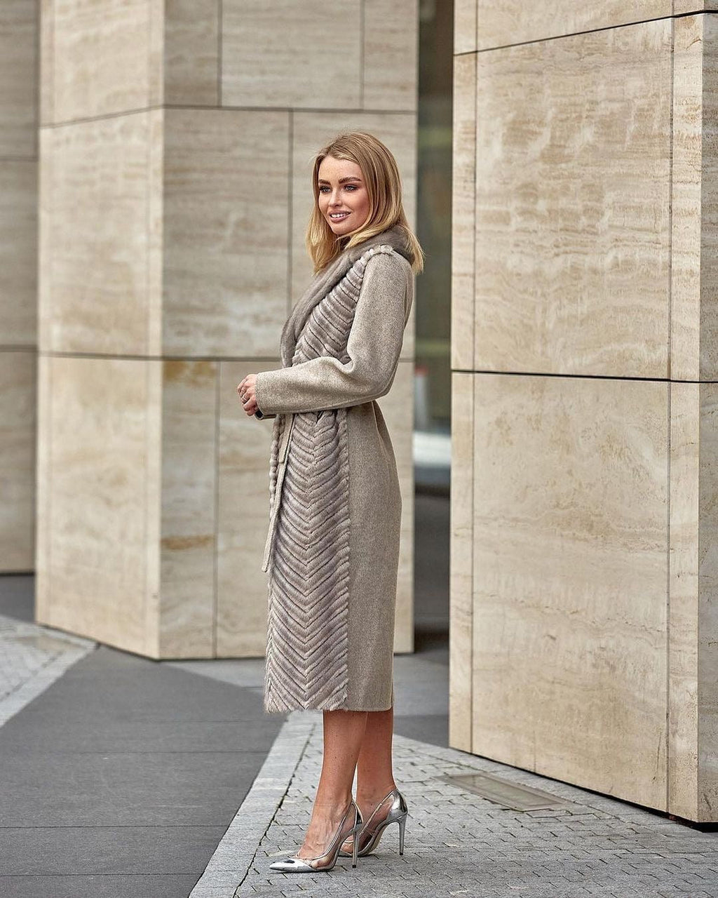 Genuine Mink Fur Rex Fur Trim Virgin Wool Coat in Beige - SJB-DIAMOND ELITES