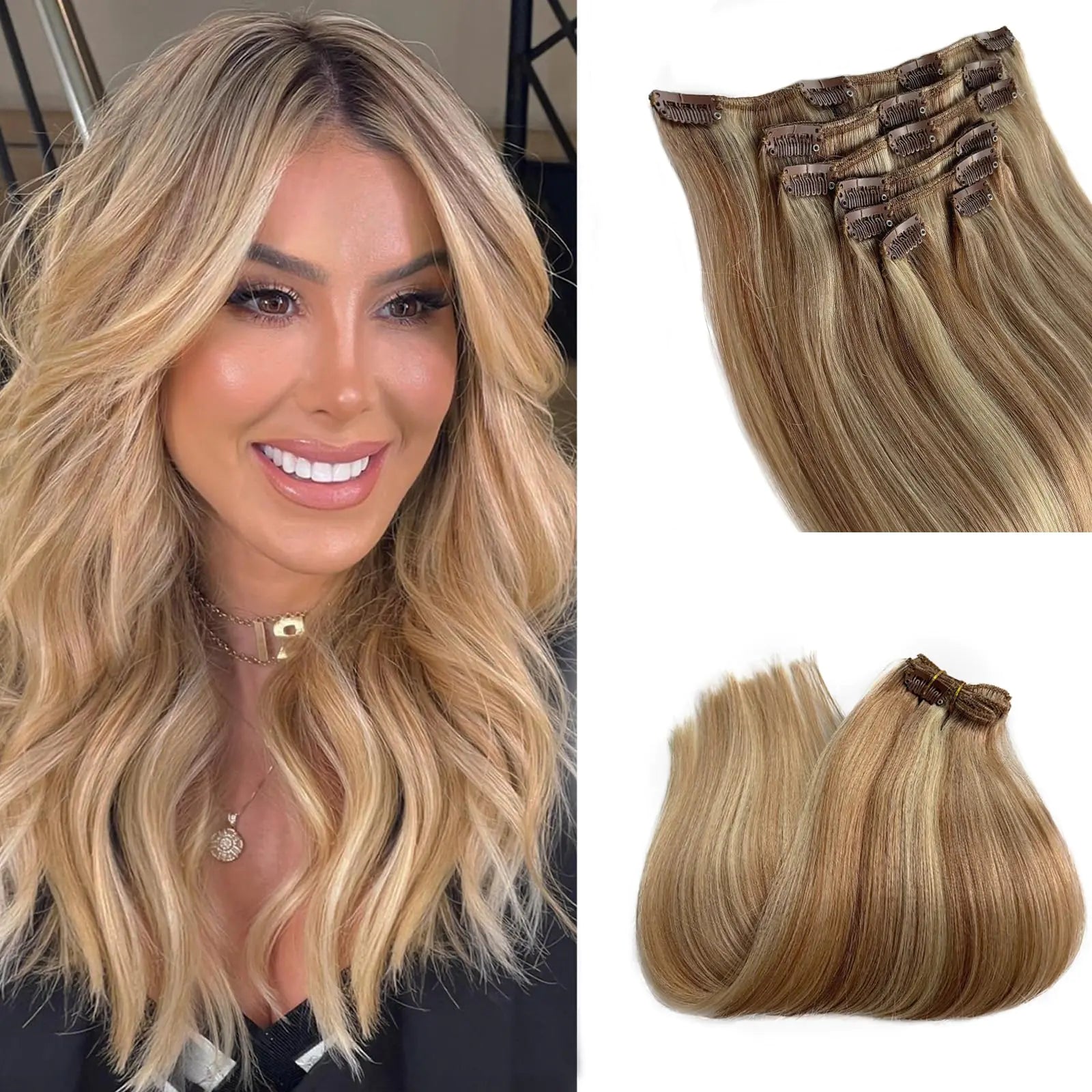 Clip in Hair Extensions Remy Human Hair Golden Brown and Blonde Balayage Human Hair Clip in Extensions 12 Inch Thick Full Real Hair Extensions Bleach Blonde Highlight Golden Brown Clip ins 70G 7PCS