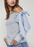 Open Shoulder Tie Sleeve Top In Heather Grey - SJB-DIAMOND ELITES