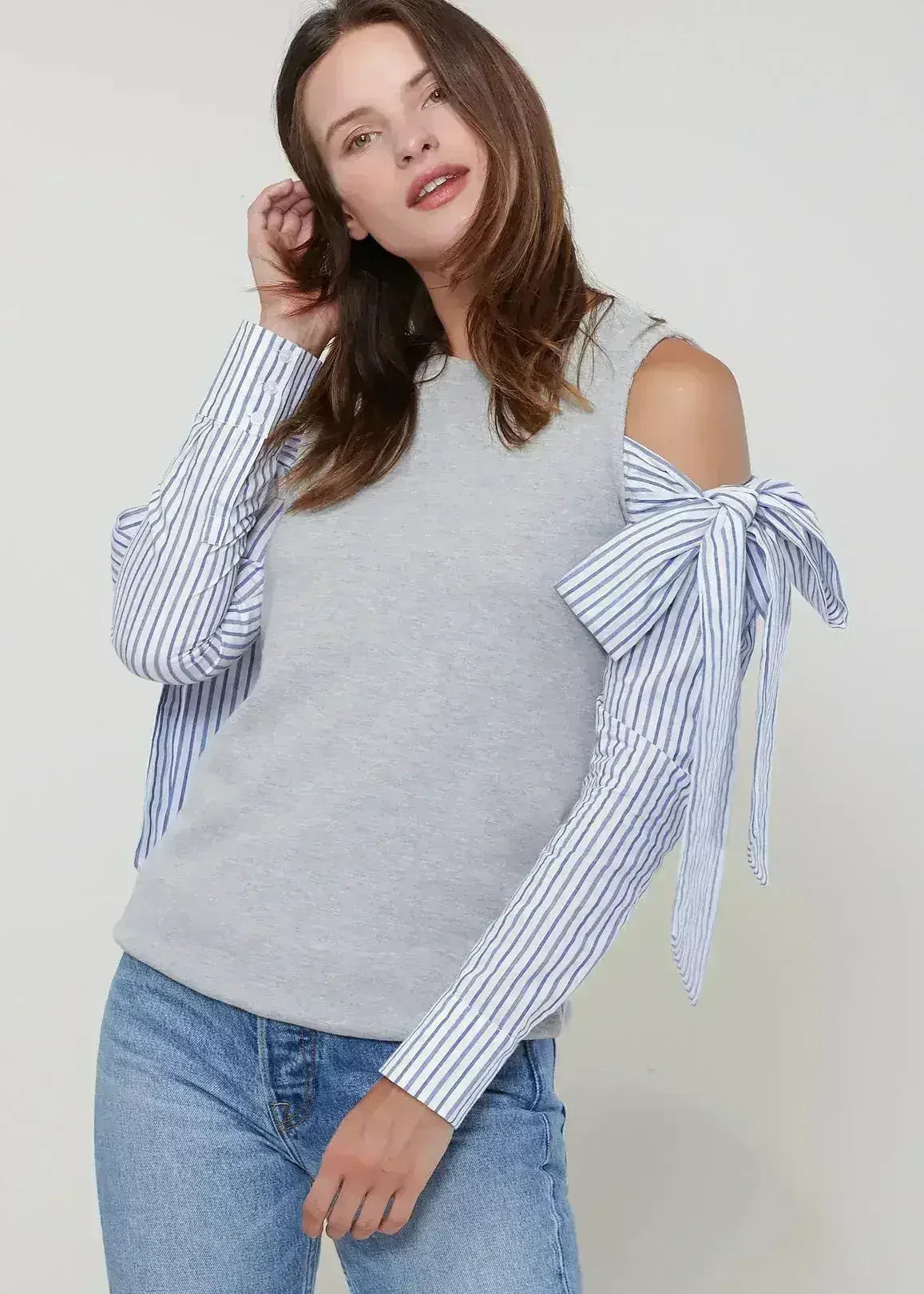 Open Shoulder Tie Sleeve Top In Heather Grey - SJB-DIAMOND ELITES