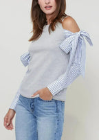 Open Shoulder Tie Sleeve Top In Heather Grey - SJB-DIAMOND ELITES