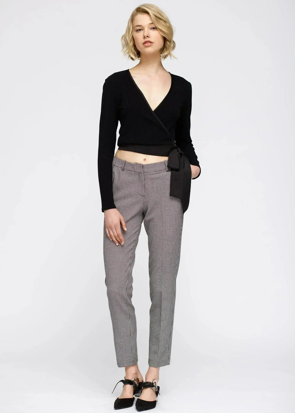 Women's Wrap Front Tie Ribbed Crop Knit Top In Black - SJB-DIAMOND ELITES