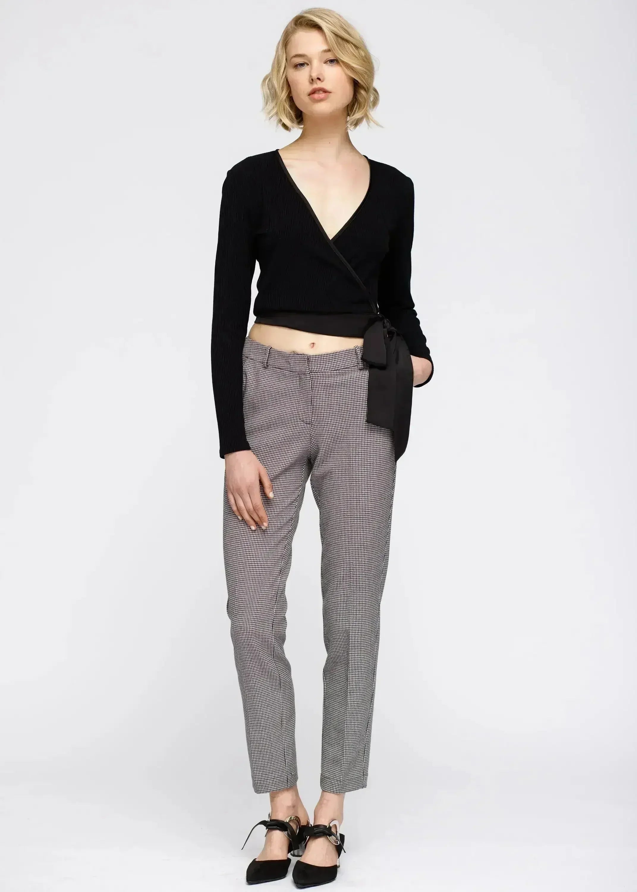 Women's Wrap Front Tie Ribbed Crop Knit Top In Black - SJB-DIAMOND ELITES