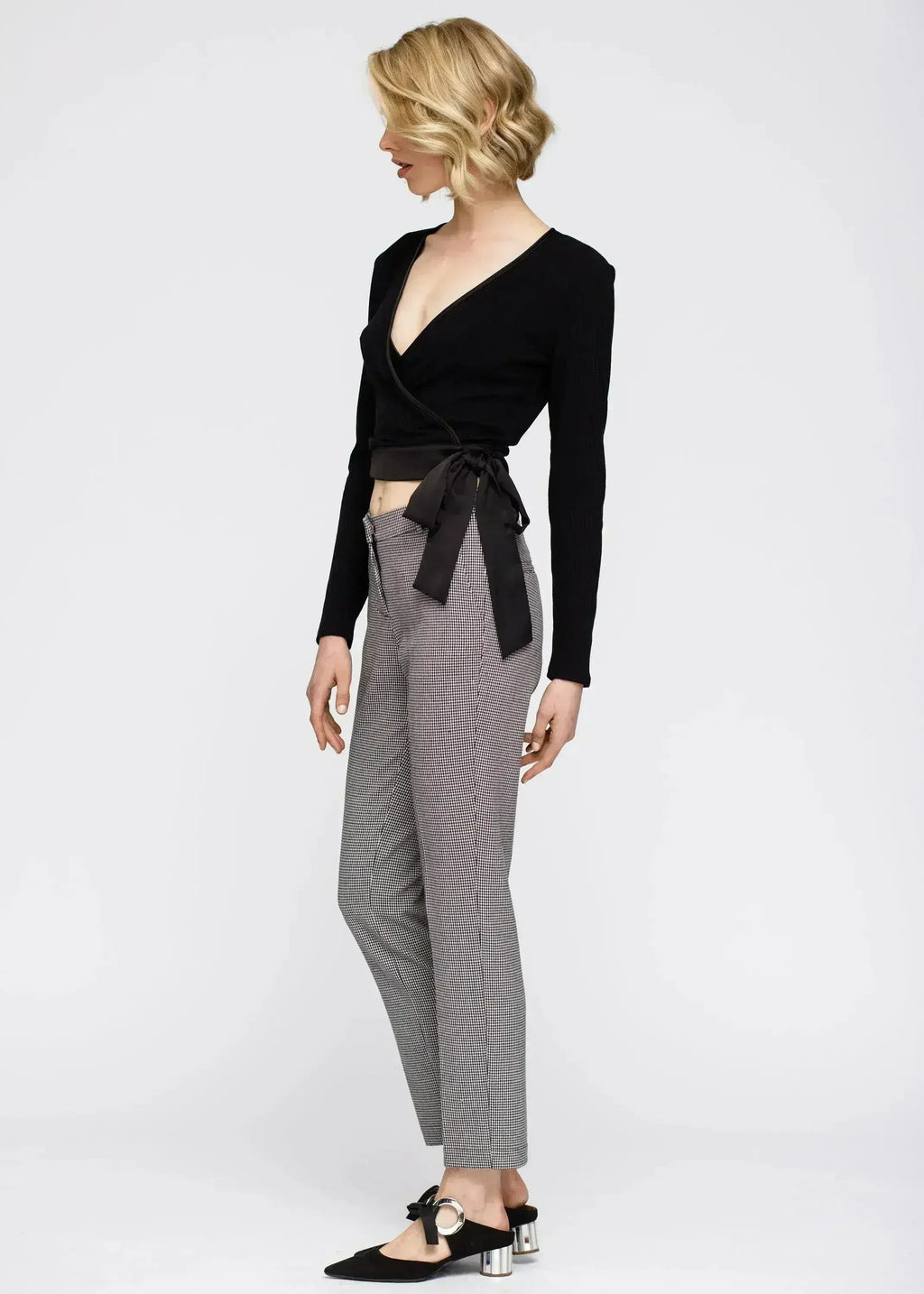 Women's Wrap Front Tie Ribbed Crop Knit Top In Black - SJB-DIAMOND ELITES