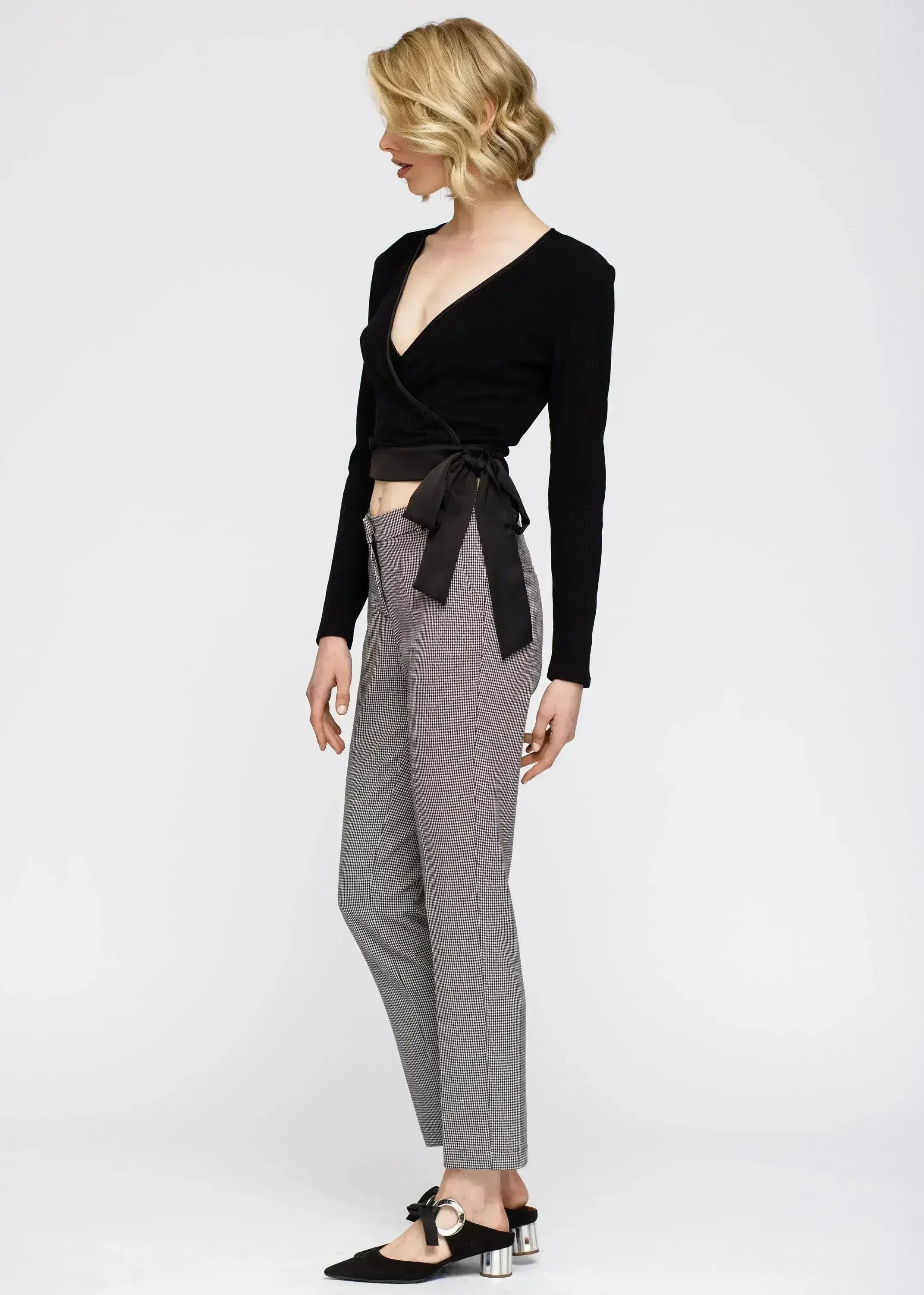 Women's Wrap Front Tie Ribbed Crop Knit Top In Black - SJB-DIAMOND ELITES