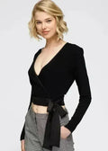 Women's Wrap Front Tie Ribbed Crop Knit Top In Black - SJB-DIAMOND ELITES