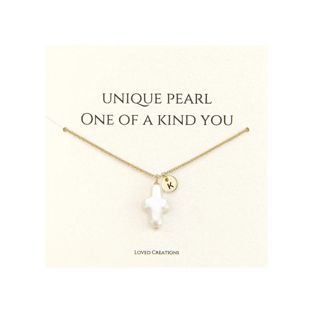 Pearl Cross Necklace for Women Gold Initial K Necklaces 14K Gold Plated Cute Dainty Baroque Pearl Cross Pendant Necklace Jewelry Gift