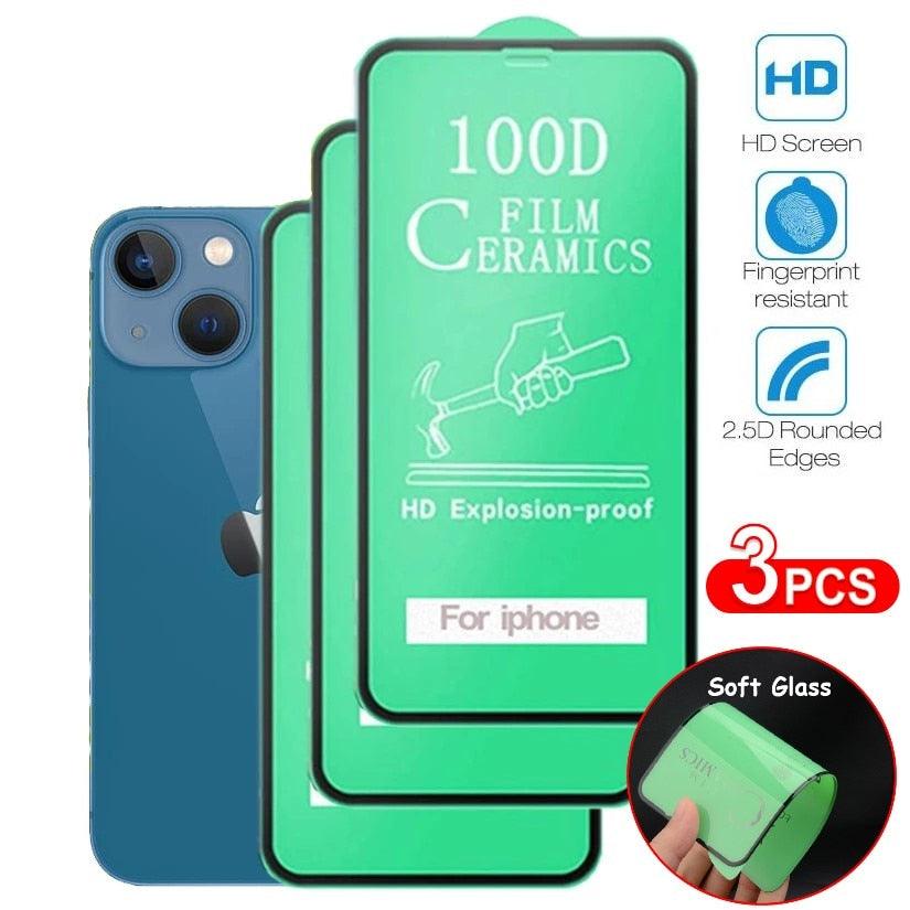 3PCS 100D Ceramic Protective Glass For iPhone 14 13 12 Mini 11 Pro XR XS Max X 8 7 Plus SE 2020 Soft Screen Protector Film Series Tempered Glass Screen Protector Stevvex