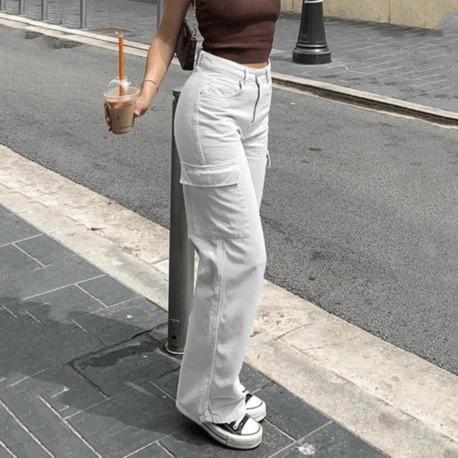 Adjustable Cargo Pants Women Straight Fit Baggy Wide Leg High Waist Pants Pockets Retro Street Style Casual Trousers - SJB-DIAMOND ELITES
