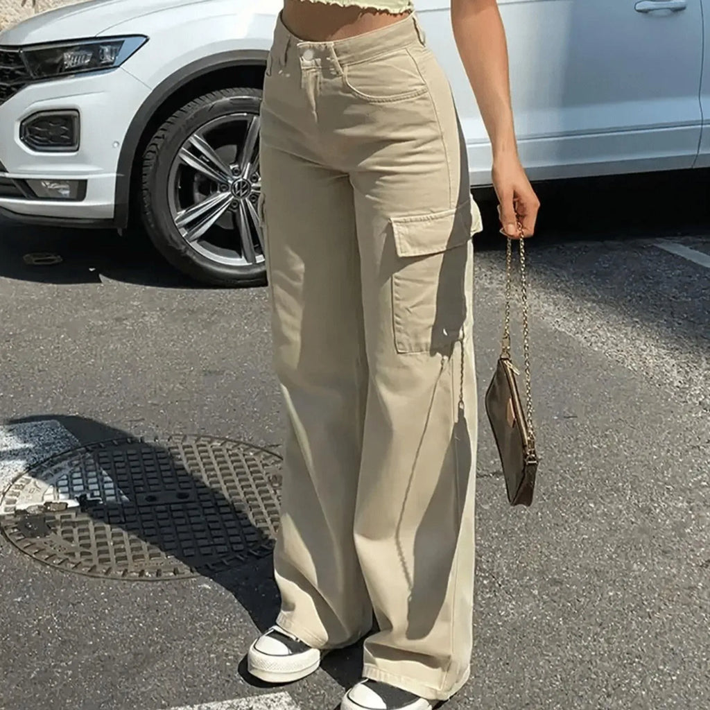 Adjustable Cargo Pants Women Straight Fit Baggy Wide Leg High Waist Pants Pockets Retro Street Style Casual Trousers - SJB-DIAMOND ELITES