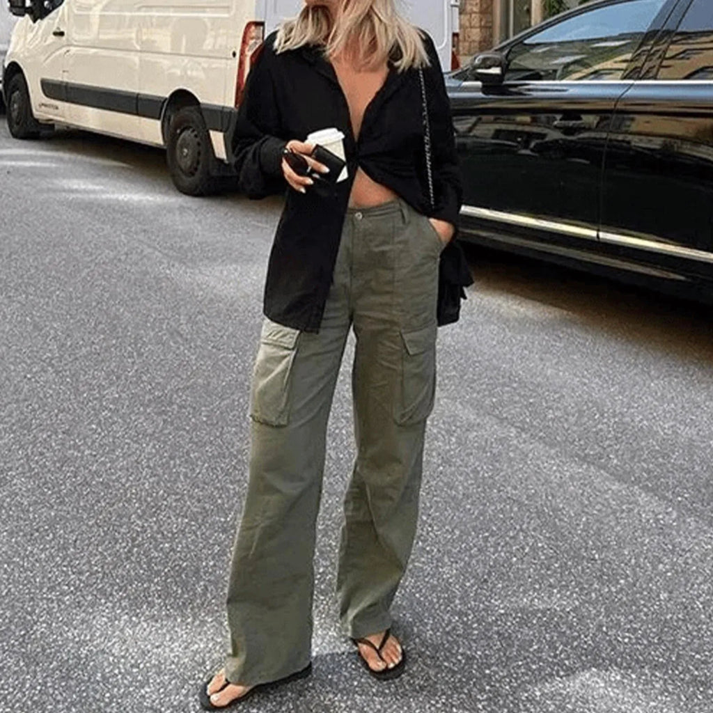 Adjustable Cargo Pants Women Straight Fit Baggy Wide Leg High Waist Pants Pockets Retro Street Style Casual Trousers - SJB-DIAMOND ELITES