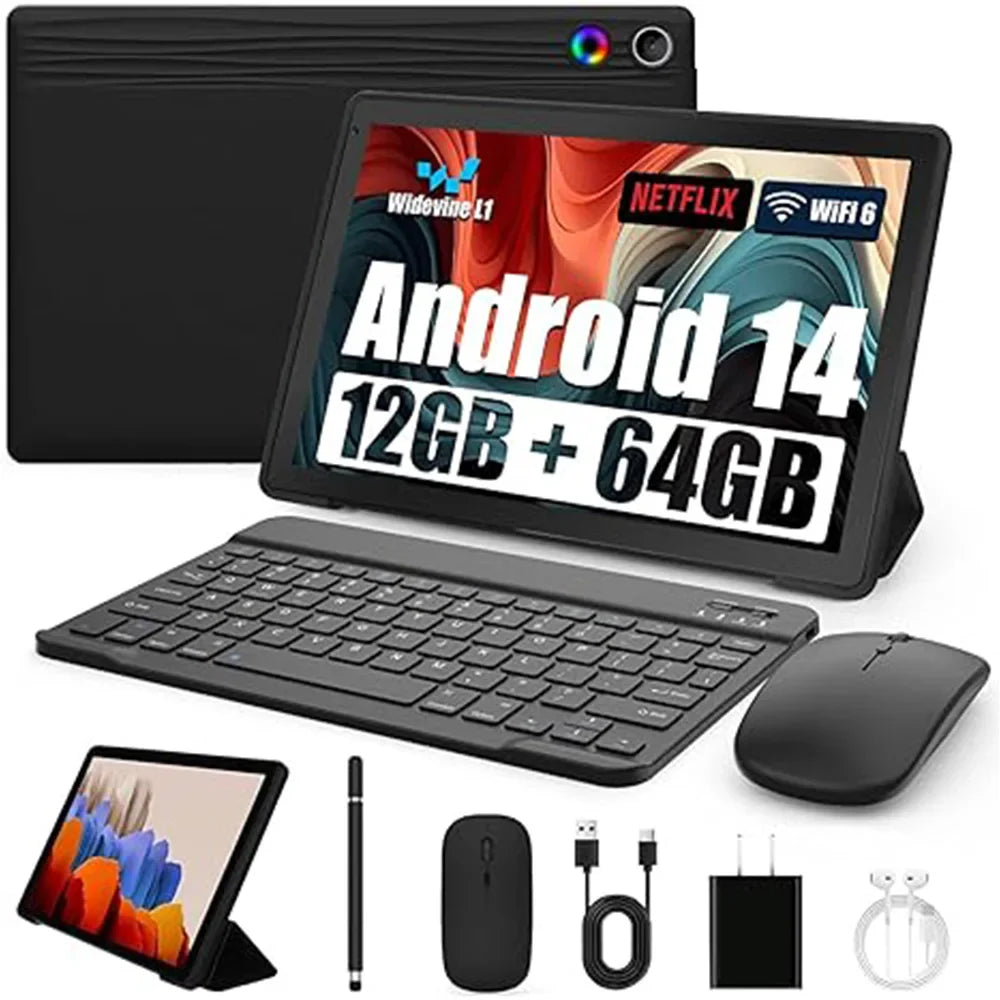 A10L 10 Inch Android Tablet 12GB RAM 64GB ROM IPS HD Touch Screen with Keyboard Case Mouse Stylus 8 in 1 Tablet Kit Lootquake LLC